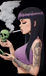 a girl smoking a cigarette with a skull holding a green marijuana bottle