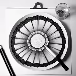 a paper fan sitting on top of a table with black and white writing