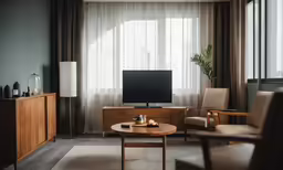 an empty living room with couch, chairs, and flat screen tv