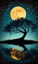 an image of the full moon and a tree on a lake