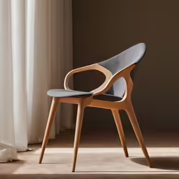 the modern wooden chair sits in front of an open window
