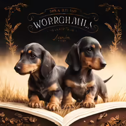 two dachshund puppies sit on top of an open book