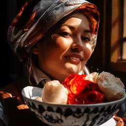 an asian woman is holding a bowl full of flowers