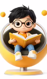 the little boy is reading a book in a ball chair