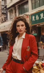woman standing on the street in red suit with golden accessories
