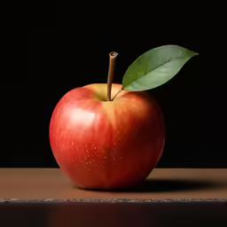 a red apple with green leaf sitting on top of it