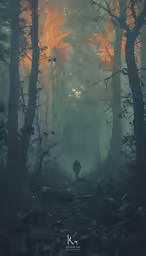 a lone man is walking through a forresty area in the fog