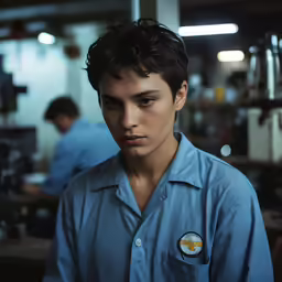 a young man in a blue shirt stares down