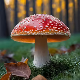 a small mushroom with a bright red dome sits in the grass
