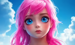a barbie doll with bright pink hair and blue eyes looks into the distance