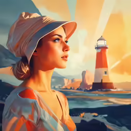 a woman standing in front of a lighthouse with her head turned sideways