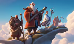 cartoon depiction of an outside scenery with dwarf and other figures