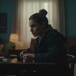 a woman sits at a desk and looks at something in her hands