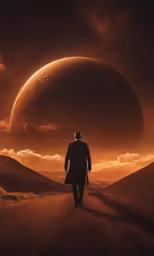 a man is walking away from another planet in a red sunset