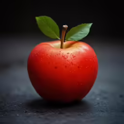 an apple with water drops on it sitting on the floor