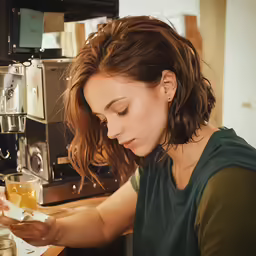 a woman is looking at something in a glass