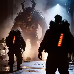 some big creepy monsters with two men walking down the street