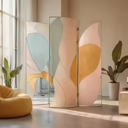 a room divider that has been decorated with different shapes and colors