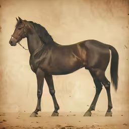 a black horse standing on top of a dirt field