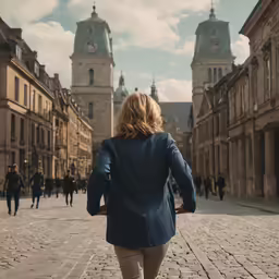 a woman wearing a blue jacket walking down a cobblestone street