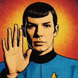 a man with a star trek insignia is holding his hand up