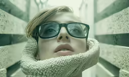 a beautiful young woman with glasses peeking her face behind a scarf
