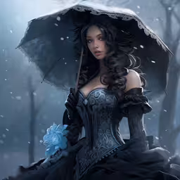 a gothic lady holding a parasol in the snow,there is a woman wearing a dress and umbrella