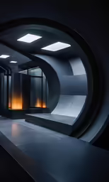 an empty room with lights on and a bench