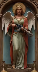an angel with golden wings is holding a cross