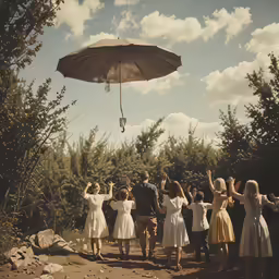 several people are standing under a big umbrella