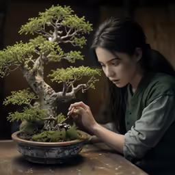 a woman cutting moss in a bowl on top of a table