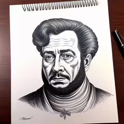 a drawing of a man in black and white,this is an artistic drawing of albert stewart,the drawing on the notebook shows a man in a suit and tie,a drawing of a man in black and white,a sketch of the character bill hyposty