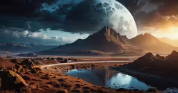 the sun rises over a fantasy landscape that is full of mountains and lakes