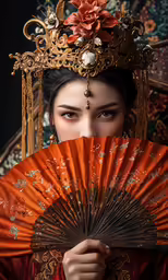 a geisha is wearing a head dress holding an orange fan