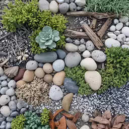 a variety of rocks, plants and wood chips make up an abstract image