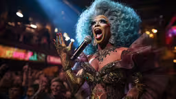 the woman has very blue hair and is holding up a microphone,a drag queen in a blue wig singing into a microphone