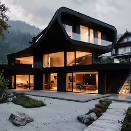 a futuristic house in the mountains surrounded by rocks