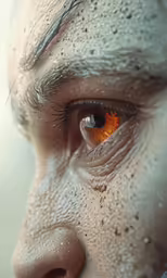 a man with painted faces and eyes looks up