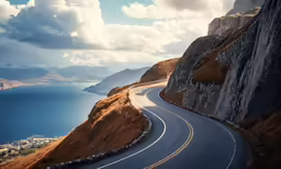 a very long curve in the road by a big cliff