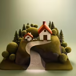 a couple of houses sit on top of a hill with trees