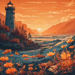 a painting with flowers in the foreground and a sunset in the background,some mountains are behind a beautiful lighthouse