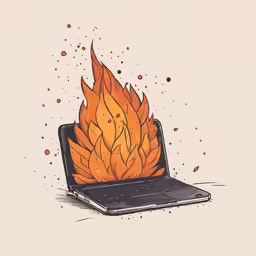 an open laptop with a fire in the screen