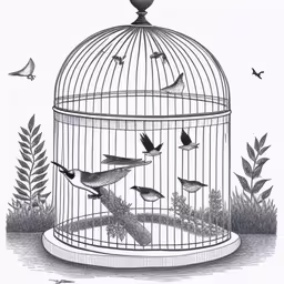 a drawing of birds in a bird cage,birds in a cage are flying to the top