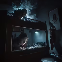 a woman in her bedroom looking at a small box containing objects