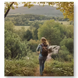 a woman with backpack walking up a dirt trail in the middle of forest