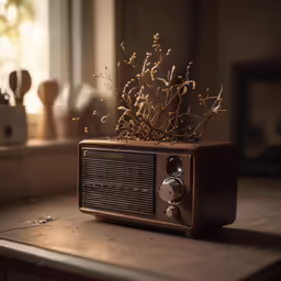 the vintage radio is on the counter beside a window