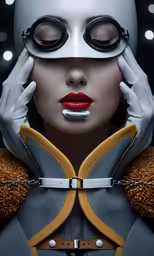 a close up shot of a woman with futuristic makeup and goggles