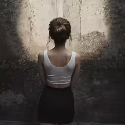 there is a woman that is looking over her shoulder