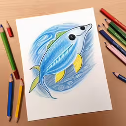 a drawing of a blue fish with yellow fin and big eyes,there is a drawing of a fish in the water