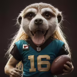 a dog dressed like a football player holds a football